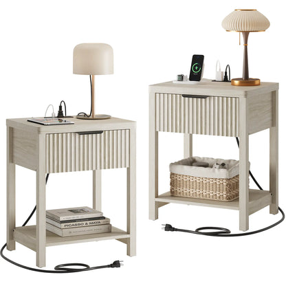 Aowos Fluted Nightstand, Bedside Tables with Charging Station, Boho Side Tables with Drawer &amp; Open Compartment for Bedroom Wooden Tabletop, Bedside Cabinet with USB Ports, Nightstand with Storage, Apartment Nightstand, Kids Bedside Table Tiktokshopspringg