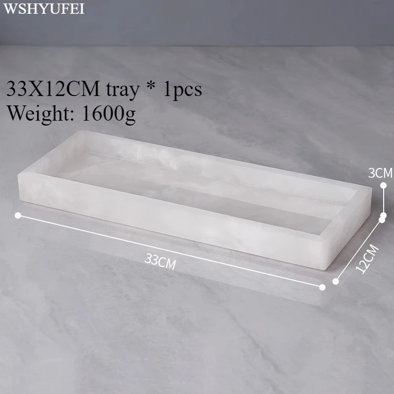White Jade Stone Bathroom Accessory Set – Elegant resin bath decor 33x12 cm tray for stylish organization.