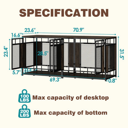 FUFU&amp;GAGA 70.9" Large Double Dog Crate Furniture, Heavy Duty Dog Crate Kennel Furniture for 2-4 Dogs, Wooden Dog Crates Furniture