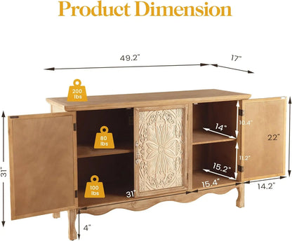 【Summervibes】Royalcraft L Farmhouse Sideboard Buffet Cabinet with Storage, 49" Solid Wood Credenza Buffet Table Coffee Bar Wine Bar Storage Cabinet with 3 Doors for Dining Room Living Room Hallway, (Provence Grain)