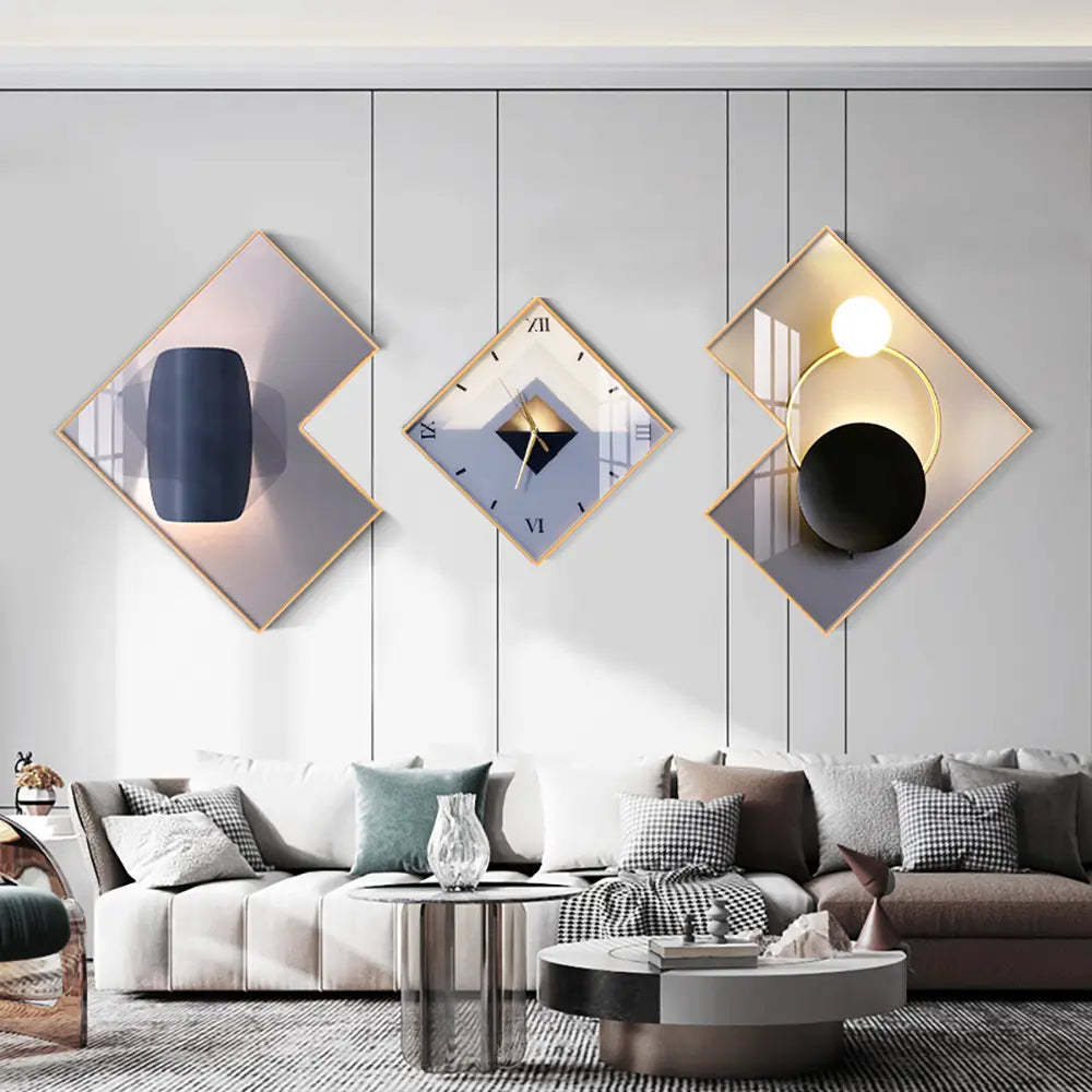 Homary 3-Pcs Square Modern Abstract Silent Aluminium Analog Wall Clock Set - Gold-Frame Canvas Artwork, Decorative Clock, Hanging Home Supplies for Living Room Entryway Decor