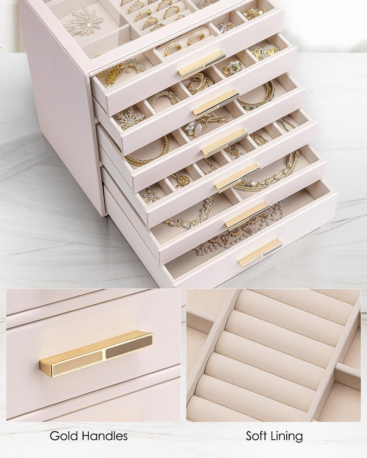 6 Layer Jewelry Box for Women, Glass Lid Jewelry Organizer with 6 Drawers for Necklaces Rings Earrings Bracelets - Light Pink