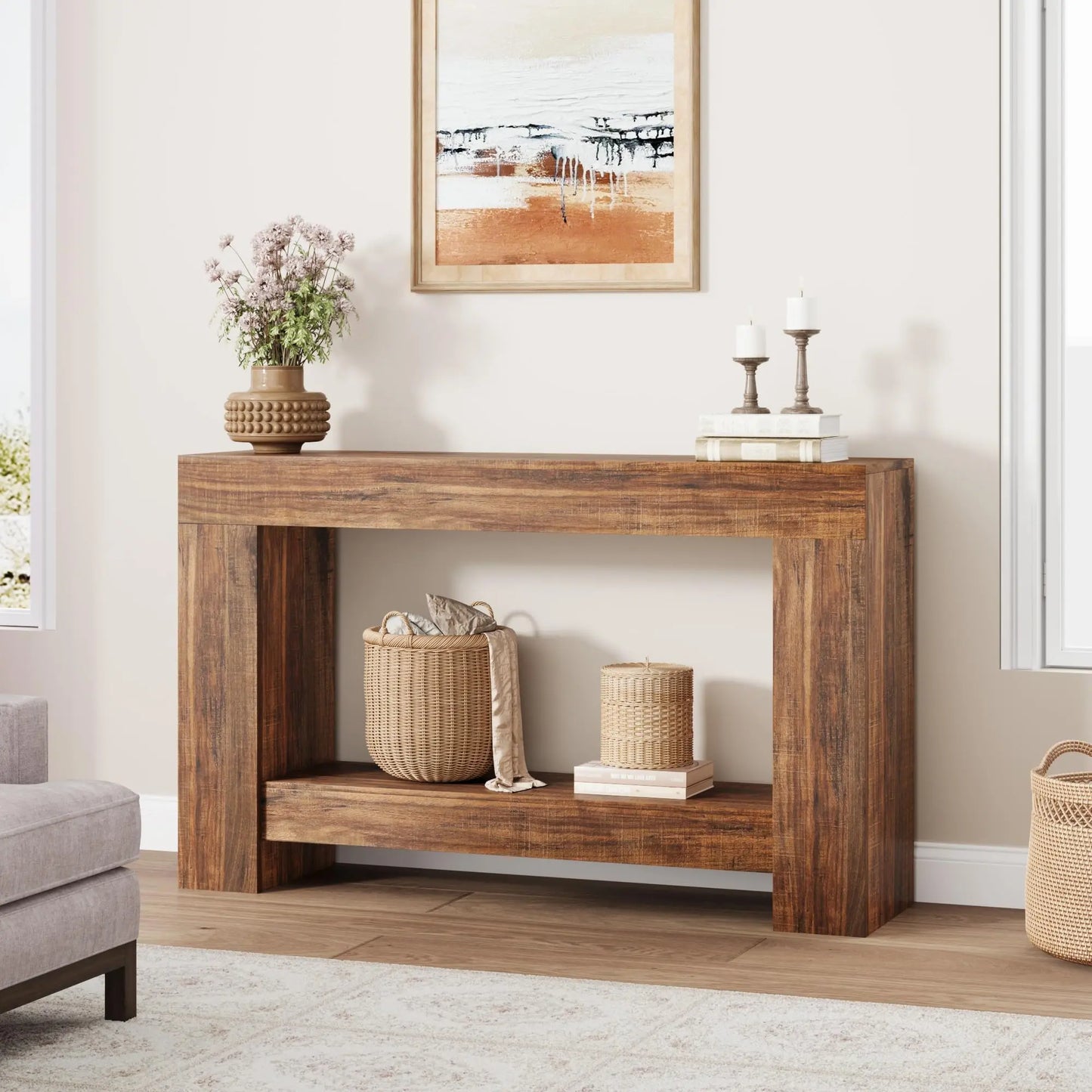 Entryway Console Table, Farmhouse 2-Tier Table with Open Storage, Long Sofa Accent Table for behind Couch, for Entrance Living Room Hallway Foyer (47 in / 63 in ),Dorm Essentials,Home Decor