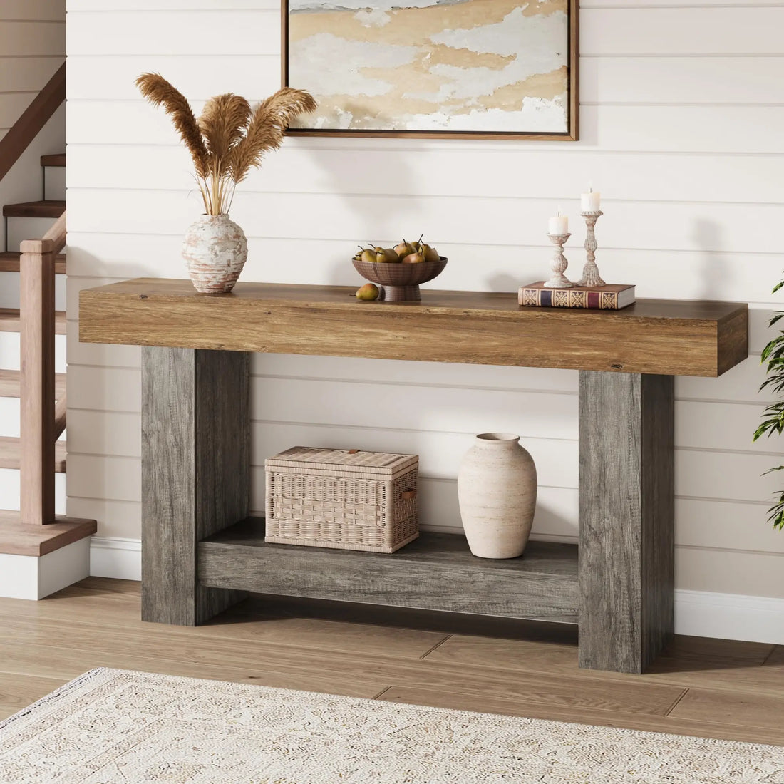 Entryway Console Table, Farmhouse 2-Tier Table with Open Storage, Long Sofa Accent Table for behind Couch, for Entrance Living Room Hallway Foyer (47 in / 63 in ),Dorm Essentials,Home Decor