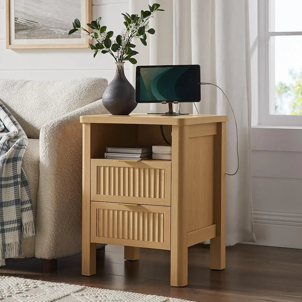 【Summerfinds】Onbrill 2-Piece Bedside Cabinet Set - 23.62" Modern Wood Nightstands with Fluted Panels, Drawers, 2 USB Ports, Glides, Curved Profile, 17.72"W×15.75"D×23.62"H End Tables for Bedroom Decor, Small Spaces,Dorm Essentials,Home Decor