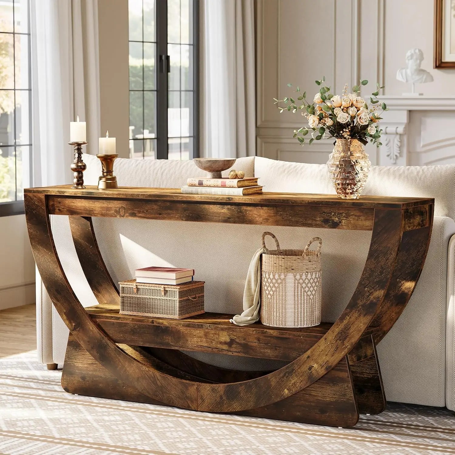 LITTLE TREE 63-Inch Console Table, Farmhouse 2-Tier Entryway Table with Storage Shelves, Narrow Long Sofa Table behind Couch, Wooden Accent Table for Hallway, Living Room, Entrance, Foyer