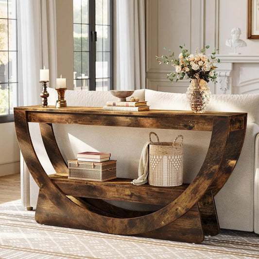 LITTLE TREE 63-Inch Console Table, Farmhouse 2-Tier Entryway Table with Storage Shelves, Narrow Long Sofa Table behind Couch, Wooden Accent Table for Hallway, Living Room, Entrance, Foyer