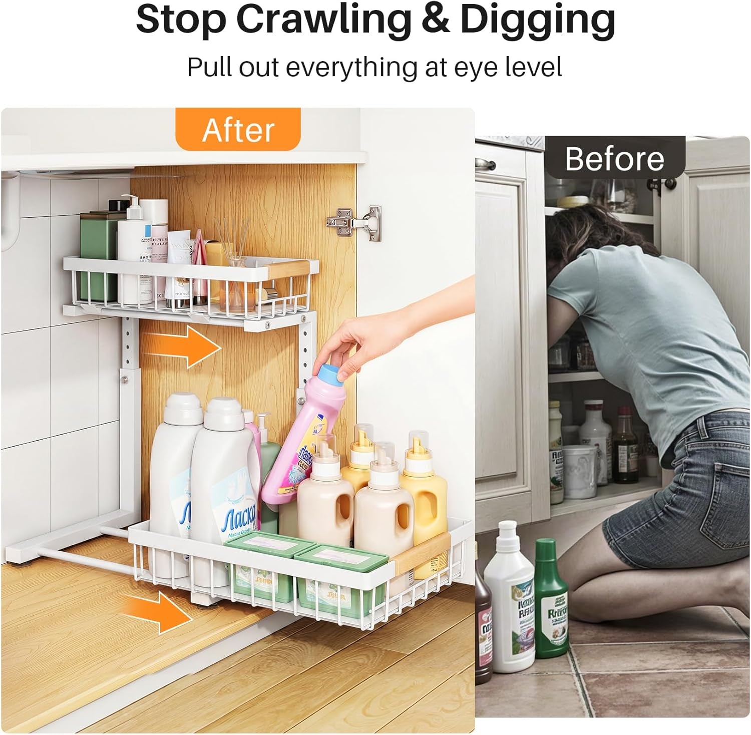 2 Pack under Sink Organizer,Adjustable Height,2 Tier Pull Out under Cabinet Organizer,Slide Out Thickened Metal under Sink Storage for Kitchen Bathroom Laundry Cabinet Pantry,White