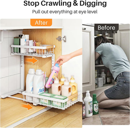 2 Pack under Sink Organizer,Adjustable Height,2 Tier Pull Out under Cabinet Organizer,Slide Out Thickened Metal under Sink Storage for Kitchen Bathroom Laundry Cabinet Pantry,White