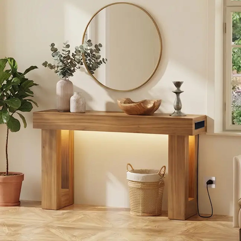 63 Inch Entryway Table with Socket and Sensor Light, Farmhouse Wooden Sofa Table behind Couch or Foyer Table, Narrow Console Table with Storage Shelf for Living Room, Entrance, Hallway, Easy Assembly
