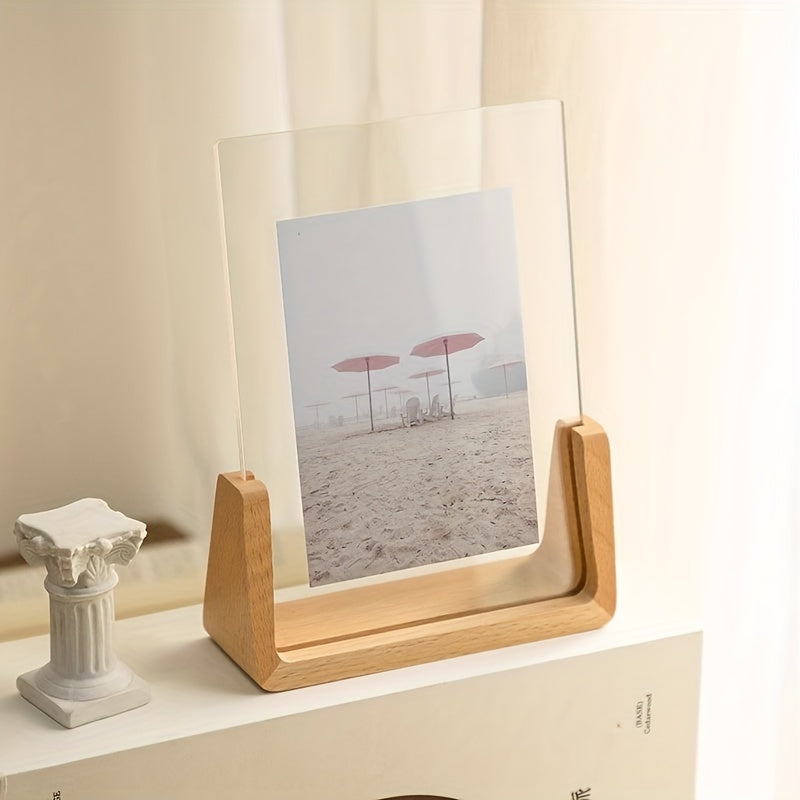 Acrylic Photo Frame – U-Shaped Wood Base – Minimalist – Tabletop Display