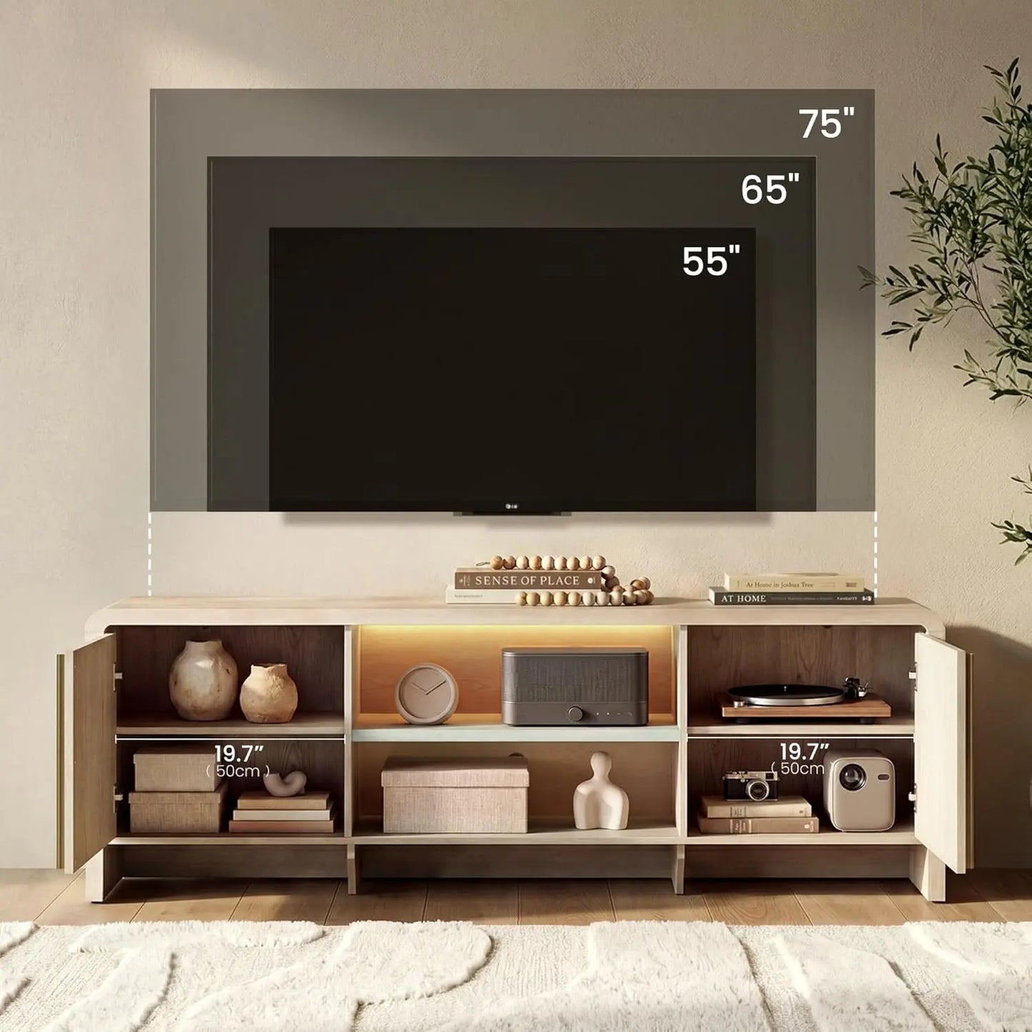 [2 Packages Shipping] Modernmate 70.1" Fluted TV Stand - Entertainment Console with LED Light for up to 80-Inch Tvs, Modern Storage Unit with Adjustable Open Shelf & 2 Cabinets for Living Room, Bedroom, White Alder, Entertainment Tv Stand,Caly