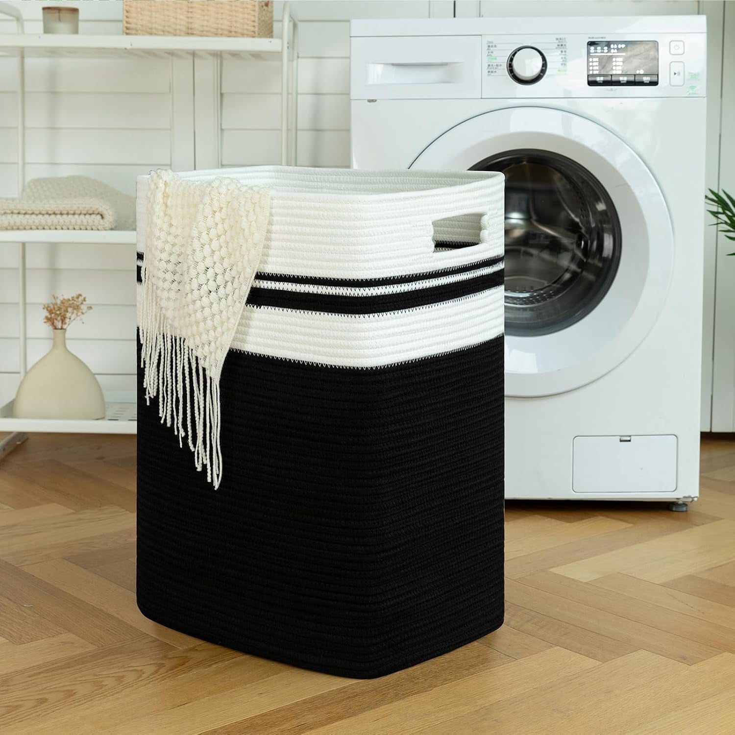 91L Laundry Hamper, Xxxlarge Laundry Basket, Collapsible Cotton Rope Basket,Woven Storage Basket for Blankets,Clothes,Pillows-16X15X24-Black&White