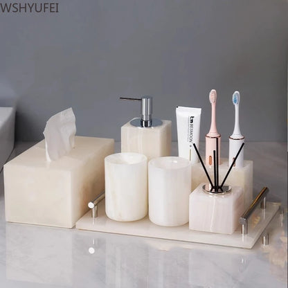 White Jade Stone Bathroom Accessory Set with soap dispenser and toothbrush holder