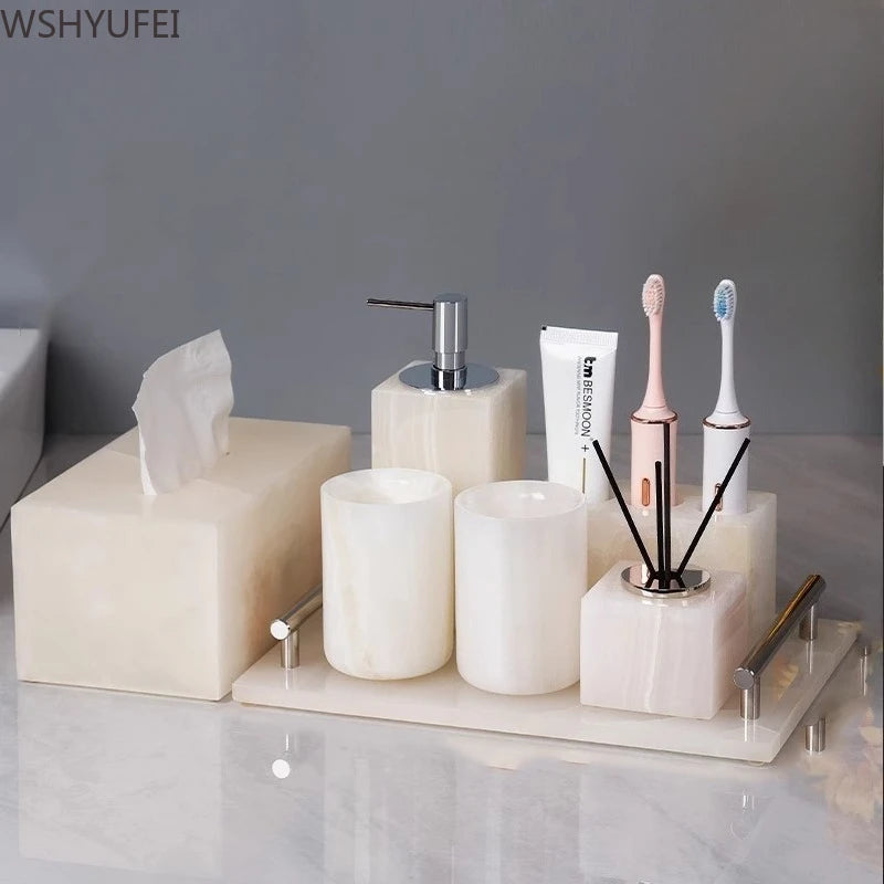 White Jade Stone Bathroom Accessory Set with soap dispenser and toothbrush holder