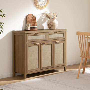 SICOTAS Rattan Sideboard Buffet Cabinet - Boho Farmhouse Credenza with 3 Doors and 2 Drawers, Storage Console Cabinet for Kitchen, Living Room, Entryway, Coffee Bar and Home Decor,Dorm Essentials