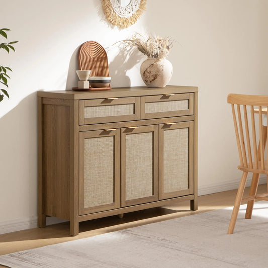 SICOTAS Rattan Sideboard Buffet Cabinet - Boho Farmhouse Credenza with 3 Doors and 2 Drawers, Storage Console Cabinet for Kitchen, Living Room, Entryway, Coffee Bar and Home Decor,Dorm Essentials