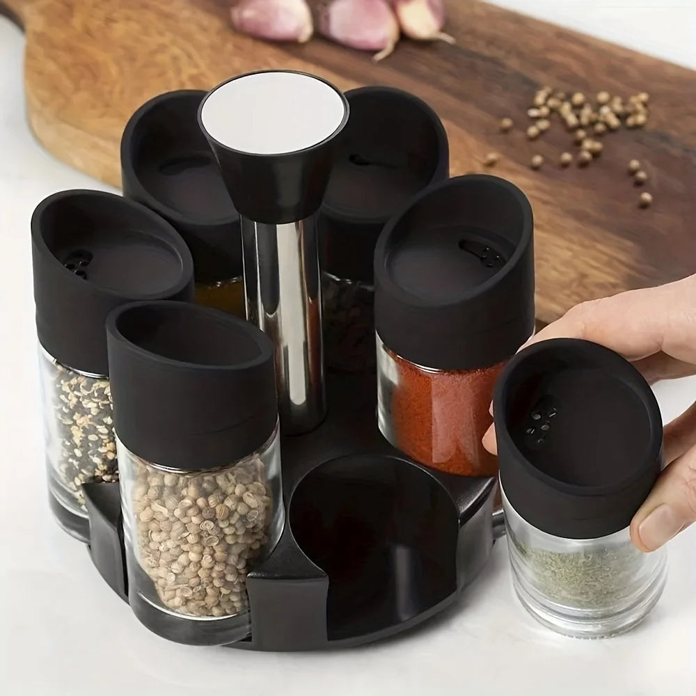 6-Jar Revolving Spice Rack, Spices and Seasonings Sets with Rack, Countertop Seasoning Organizer Spice Pots Storage Container