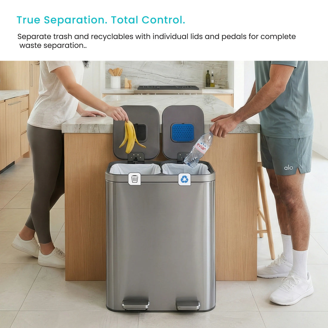 Home Zone Living 13 Gallon Dual Compartment Kitchen Trash Can with Recycling, Soft-Close Lids and Bag Storage, Brushed Stainless Steel, Silver