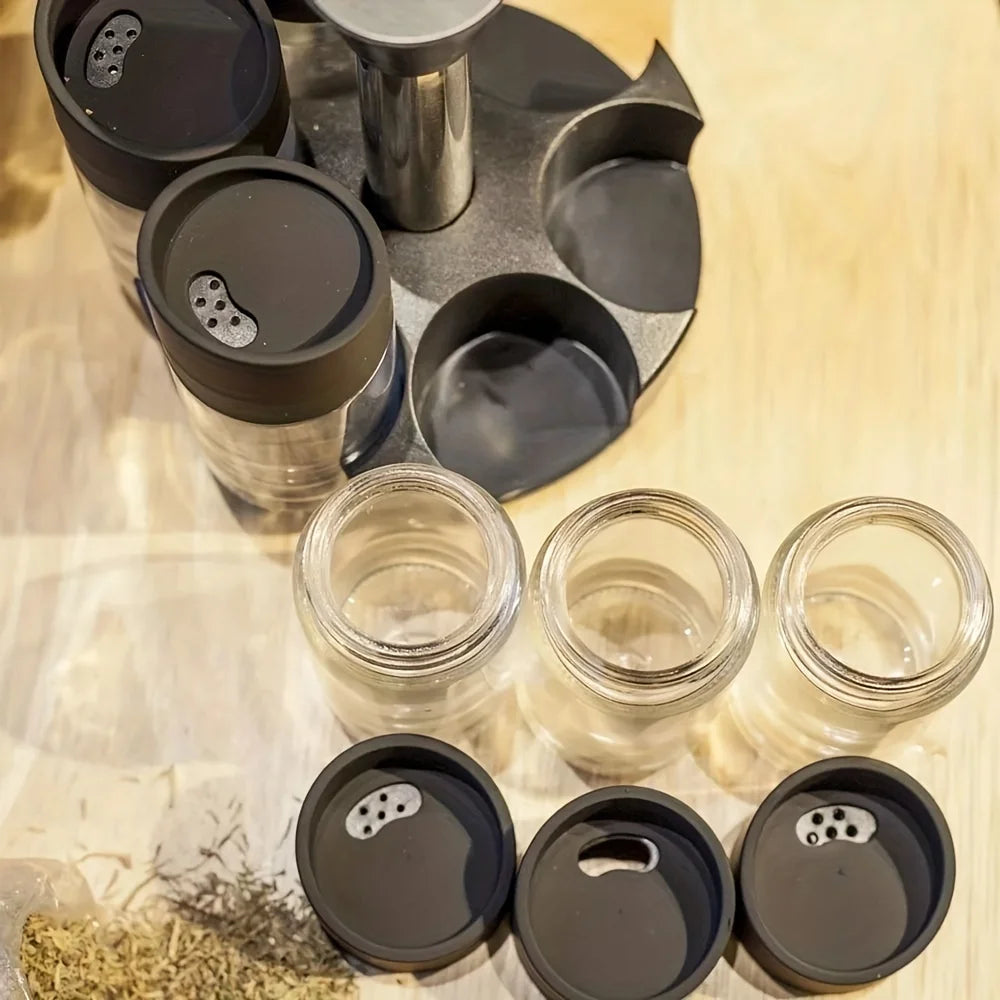 6-Jar Revolving Spice Rack, Spices and Seasonings Sets with Rack, Countertop Seasoning Organizer Spice Pots Storage Container