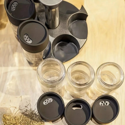 6-Jar Revolving Spice Rack, Spices and Seasonings Sets with Rack, Countertop Seasoning Organizer Spice Pots Storage Container