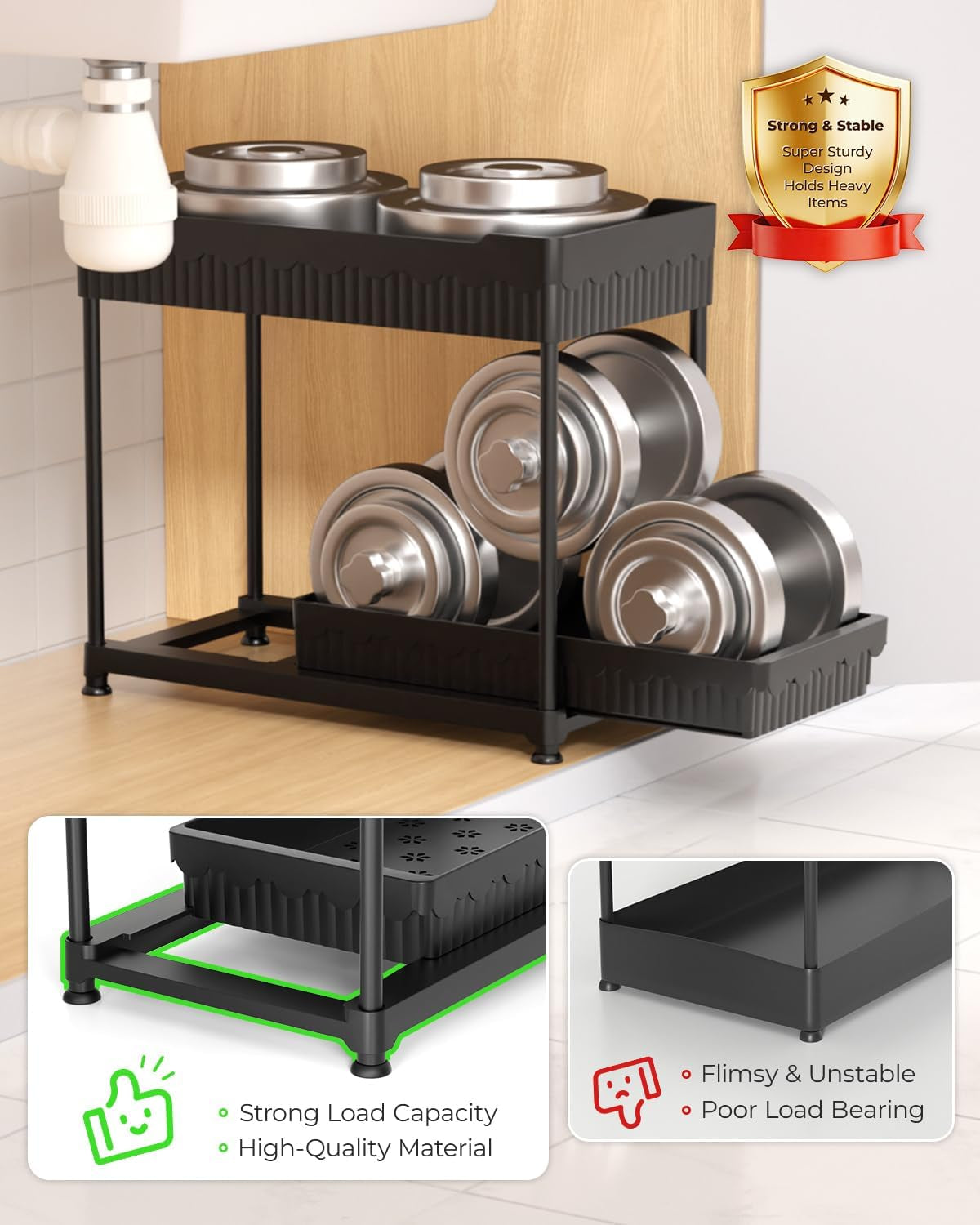 3 Pack under Sink Organizers, 2-Tier Multi-Use Kitchen and Bathroom Organizers and Storage with Sliding Drawers，Bathroom Cabinet Organizer (Black, 12.8 Inch)