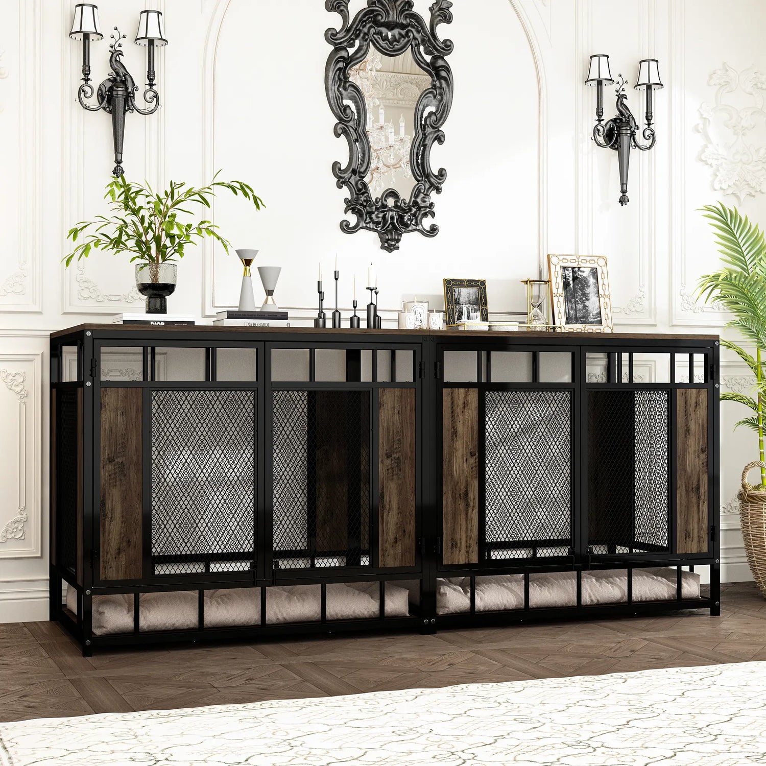 FUFU&amp;GAGA 70.9" Large Double Dog Crate Furniture, Heavy Duty Dog Crate Kennel Furniture for 2-4 Dogs, Wooden Dog Crates Furniture