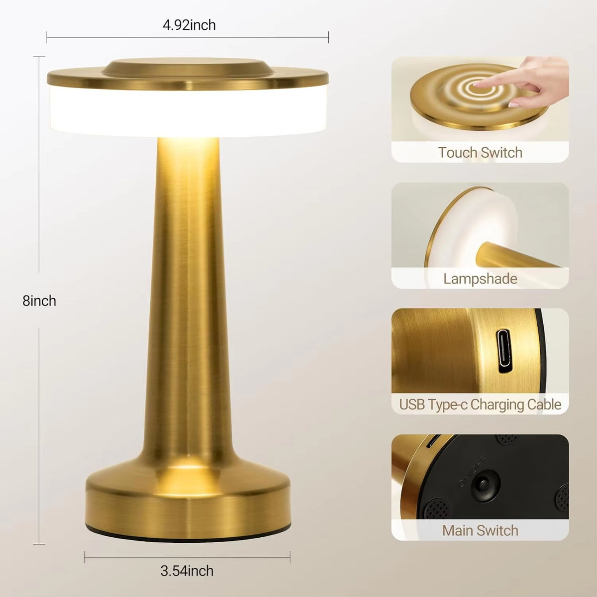 LED Table Lamp Touch Sensor Rechargeable Desktop Night Light Wireless Reading Lamp for Restaurant Hotel Bar Bedroom Decor Light