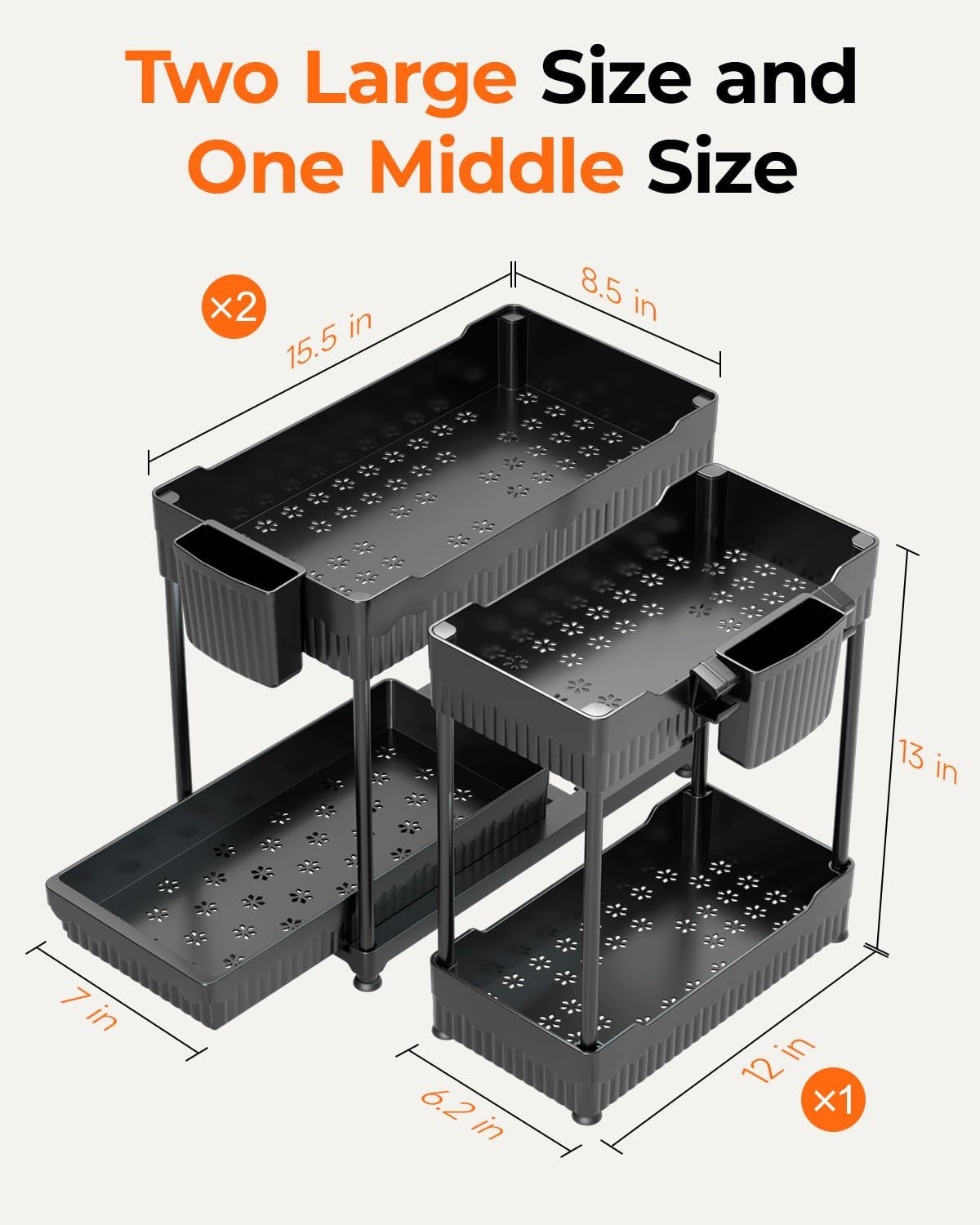3 Pack under Sink Organizers, 2-Tier Multi-Use Kitchen and Bathroom Organizers and Storage with Sliding Drawers，Bathroom Cabinet Organizer (Black, 12.8 Inch)