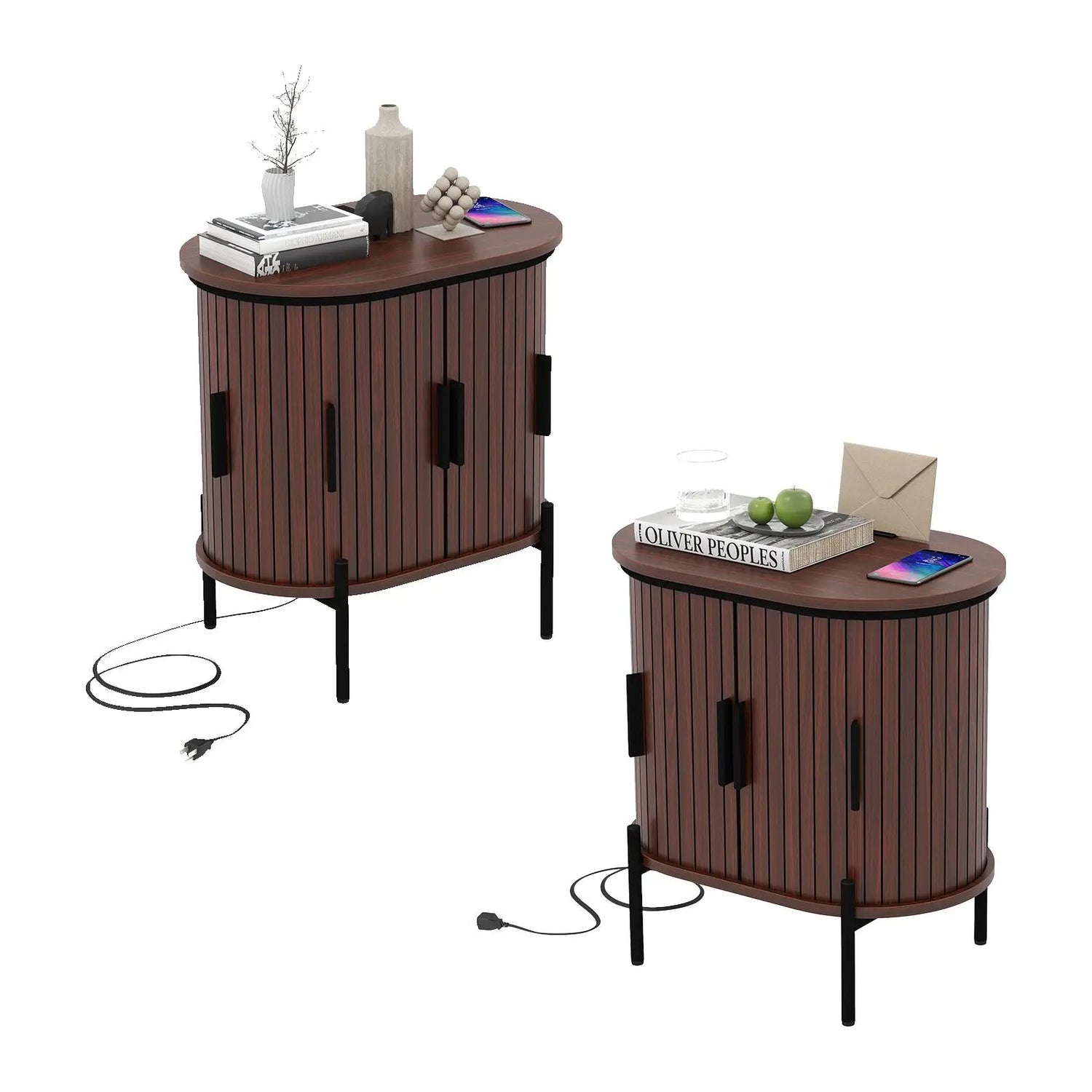 [Dealsforyoudays] EBELLO Small Console Table, Grooved End Table with Charging Station, Mid-Century Modern Nightstand, Entryway Cabinet for Living Room, Bedroom, Small Spaces, Walnut