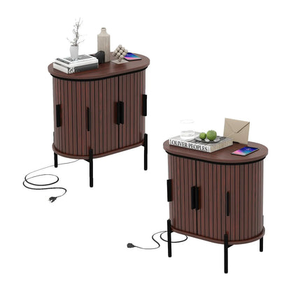 [Dealsforyoudays] EBELLO Small Console Table, Grooved End Table with Charging Station, Mid-Century Modern Nightstand, Entryway Cabinet for Living Room, Bedroom, Small Spaces, Walnut