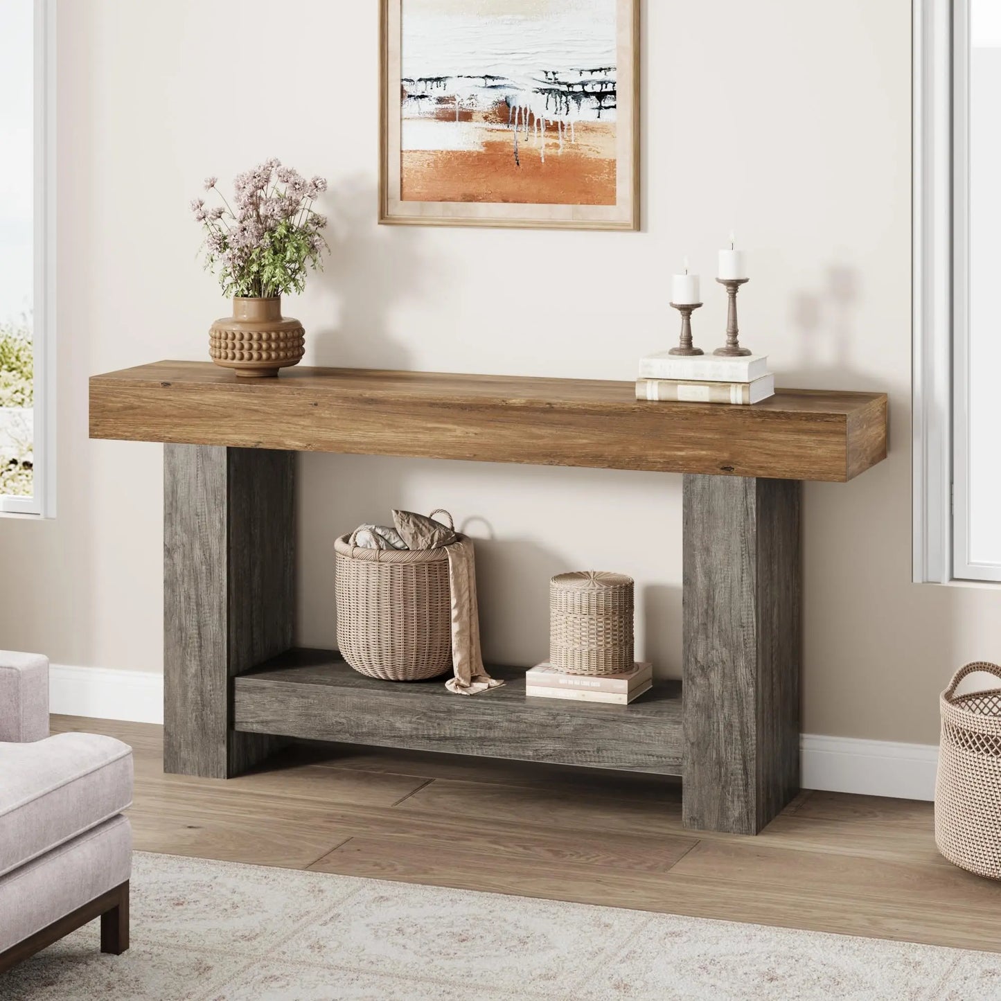 Entryway Console Table, Farmhouse 2-Tier Table with Open Storage, Long Sofa Accent Table for behind Couch, for Entrance Living Room Hallway Foyer (47 in / 63 in ),Dorm Essentials,Home Decor
