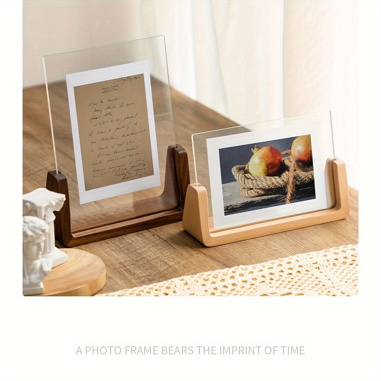 Acrylic Photo Frame – U-Shaped Wood Base – Minimalist – Tabletop Display