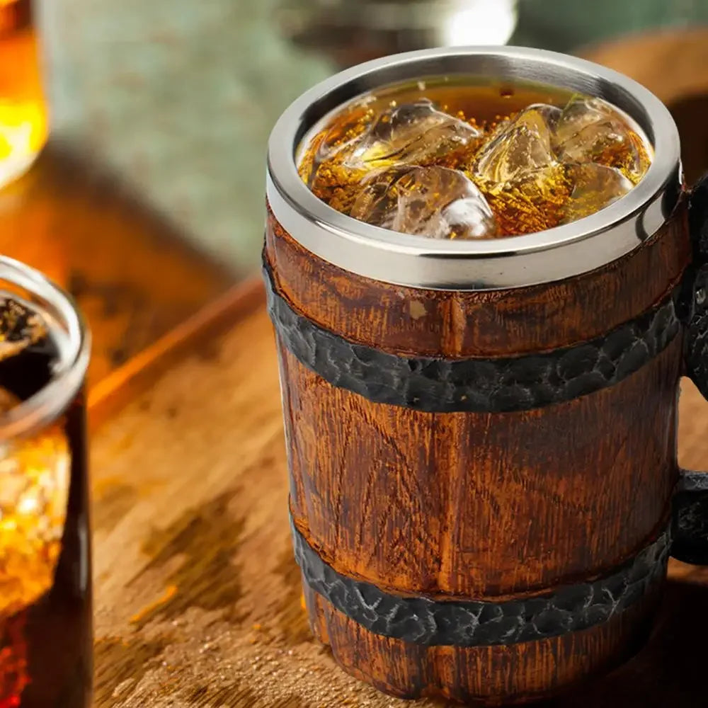 Viking Wood Style Beer Mug Simulation Wooden Barrel Beer Cup Double Wall Drinking Mug Metal Insulated 1PCS Bar Drinking Кружка