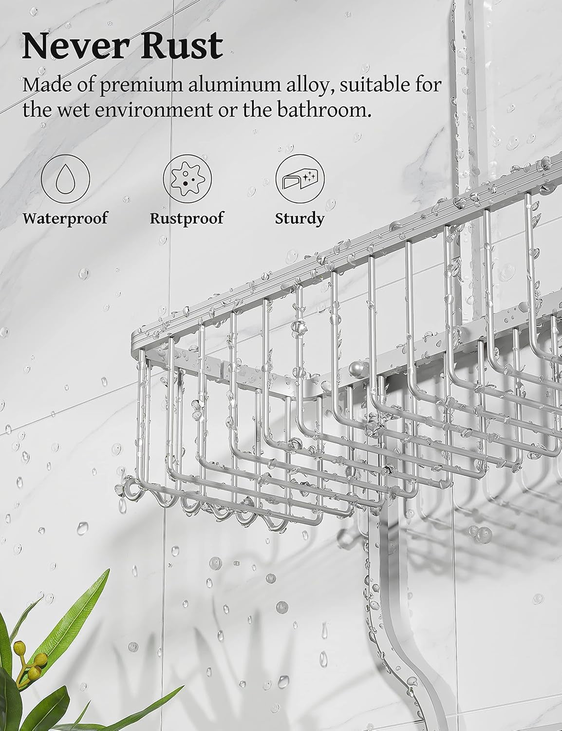 Shower Caddy Hanging - Never Rust Shower Organizer - Aluminum over the Head Caddy with 10 Hooks for Razor/Sponge - Rack with Soap Basket - Silver