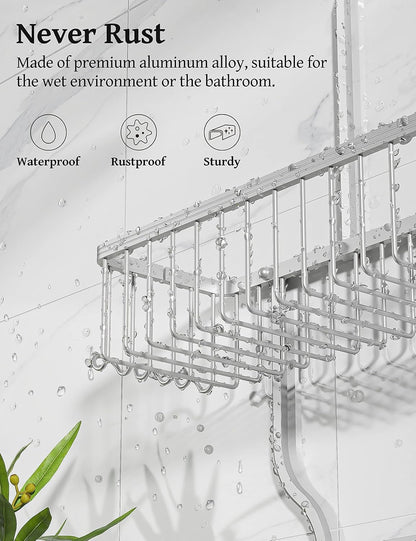 Shower Caddy Hanging - Never Rust Shower Organizer - Aluminum over the Head Caddy with 10 Hooks for Razor/Sponge - Rack with Soap Basket - Silver