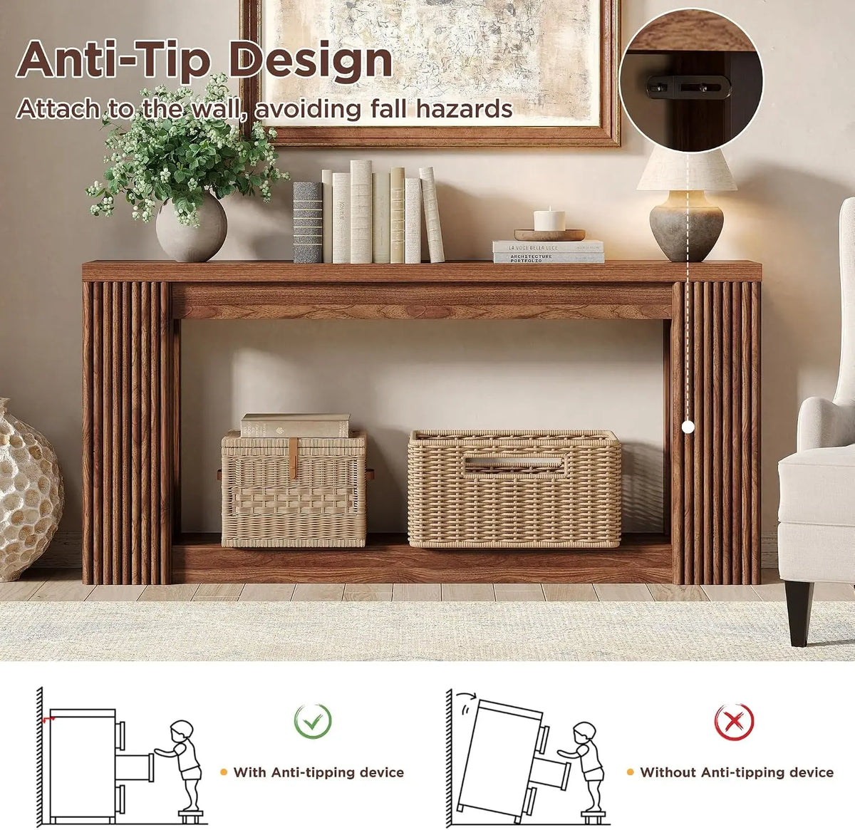 [Summergarden] Vabches Fluted Wooden Console Table with 2 Storage, 71 Inches Rectangular Entryway Table behind the Couch, Farmhouse Boho Sofa Table for Entrance, Hallway, Living Room (Black)