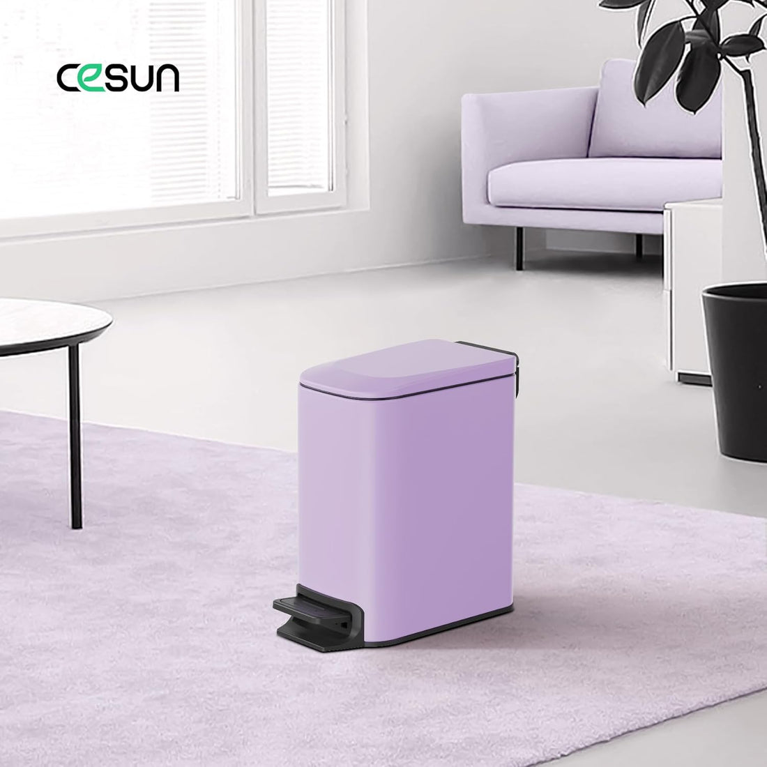 Small Bathroom Trash Can with Lid Soft Close, Step Pedal, 6 Liter / 1.6 Gallon Stainless Steel Garbage Can with Removable Inner Bucket, Anti-Fingerprint Finish (Purple)