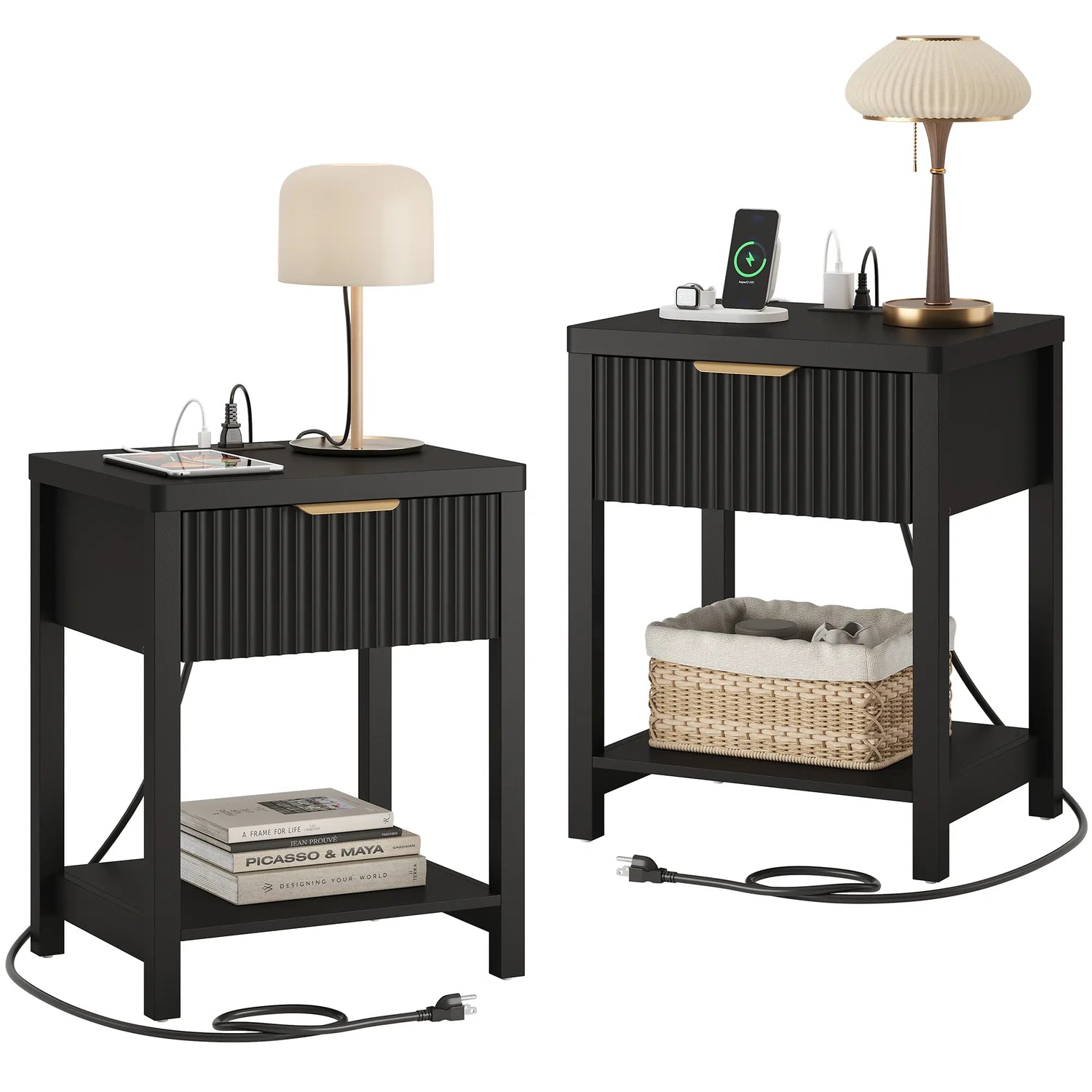Aowos Fluted Nightstand, Bedside Tables with Charging Station, Boho Side Tables with Drawer &amp; Open Compartment for Bedroom Wooden Tabletop, Bedside Cabinet with USB Ports, Nightstand with Storage, Apartment Nightstand, Kids Bedside Table Tiktokshopspringg