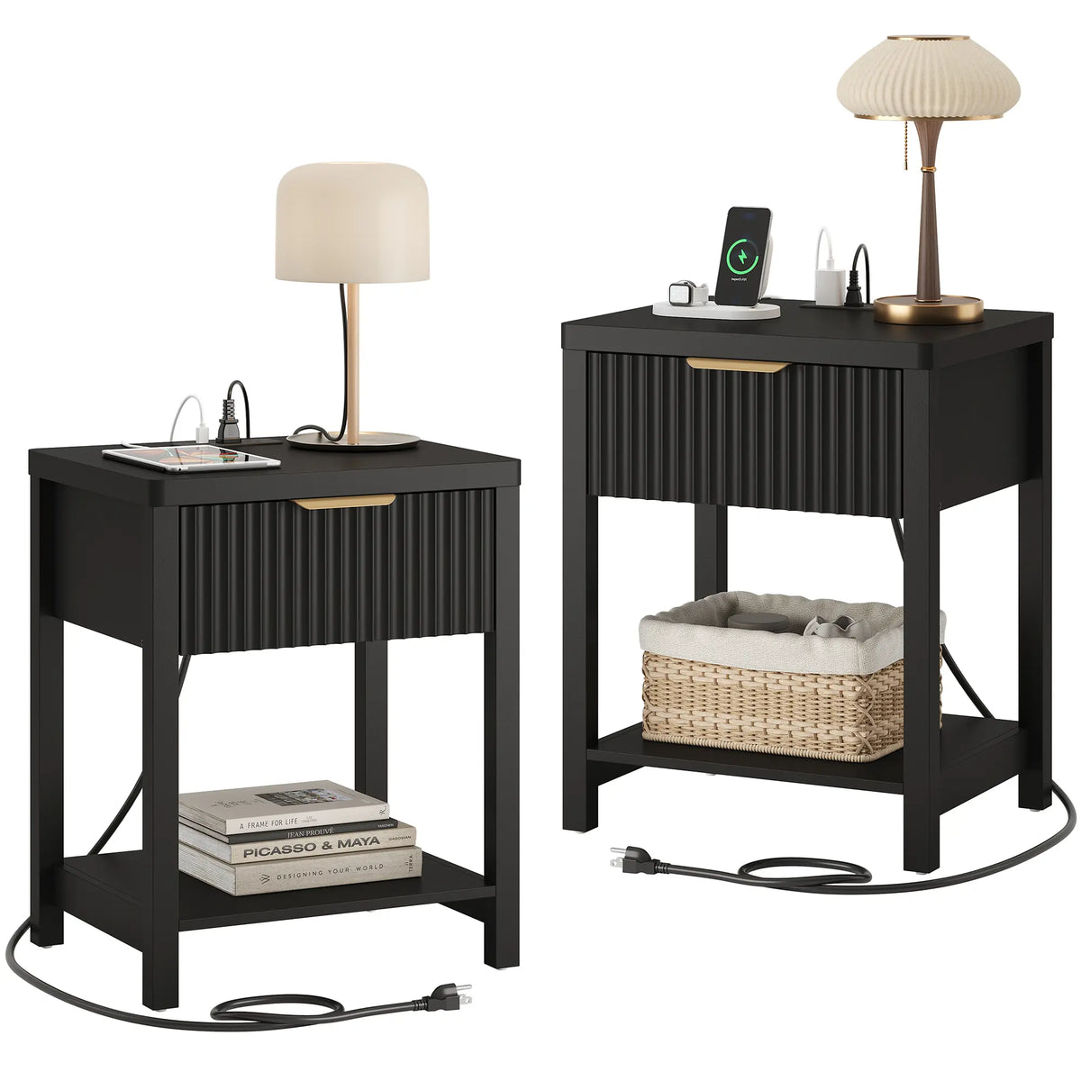 Aowos Fluted Nightstand, Bedside Tables with Charging Station, Boho Side Tables with Drawer &amp; Open Compartment for Bedroom Wooden Tabletop, Bedside Cabinet with USB Ports, Nightstand with Storage, Apartment Nightstand, Kids Bedside Table Tiktokshopspringg