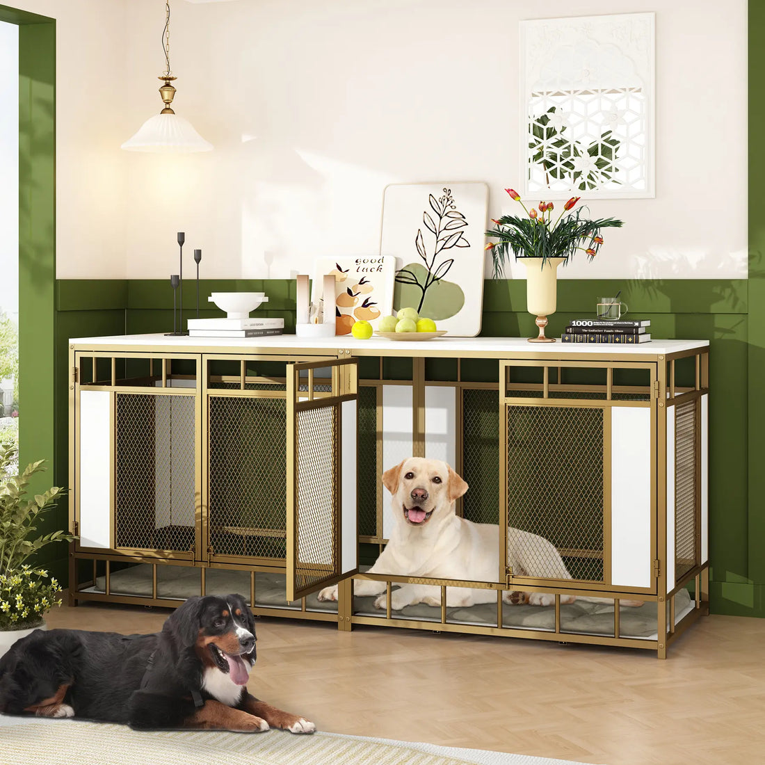 FUFU&GAGA 70.9" Large Double Dog Crate Furniture, Heavy Duty Dog Crate Kennel Furniture for 2-4 Dogs, Wooden Dog Crates Furniture