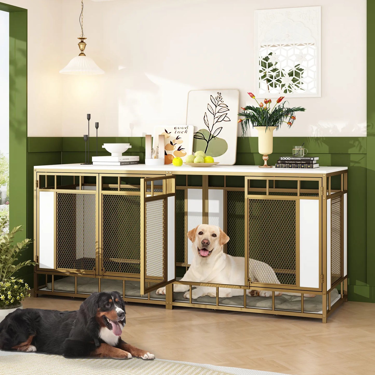 FUFU&GAGA 70.9" Large Double Dog Crate Furniture, Heavy Duty Dog Crate Kennel Furniture for 2-4 Dogs, Wooden Dog Crates Furniture