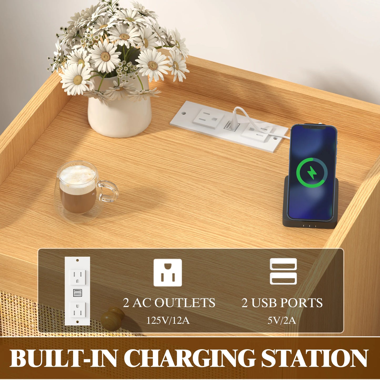 Rattan Nightstand with Charging Station, Rattan Boho End Table with 2 Drawers Bedroom Bedside Side Tables Natural Night Stand for Living Room,Bedroom,Dorm Room Essentials Fathers Day Gift Ideas,Dorm Essentials,Home Decor