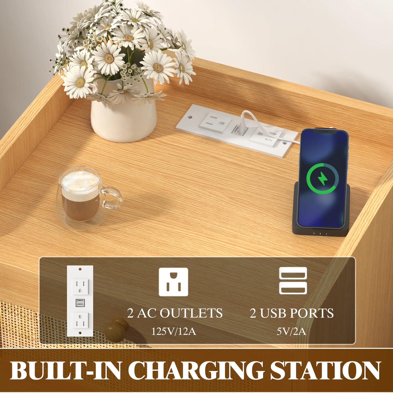 Rattan Nightstand with Charging Station, Rattan Boho End Table with 2 Drawers Bedroom Bedside Side Tables Natural Night Stand for Living Room,Bedroom,Dorm Room Essentials Fathers Day Gift Ideas,Dorm Essentials,Home Decor