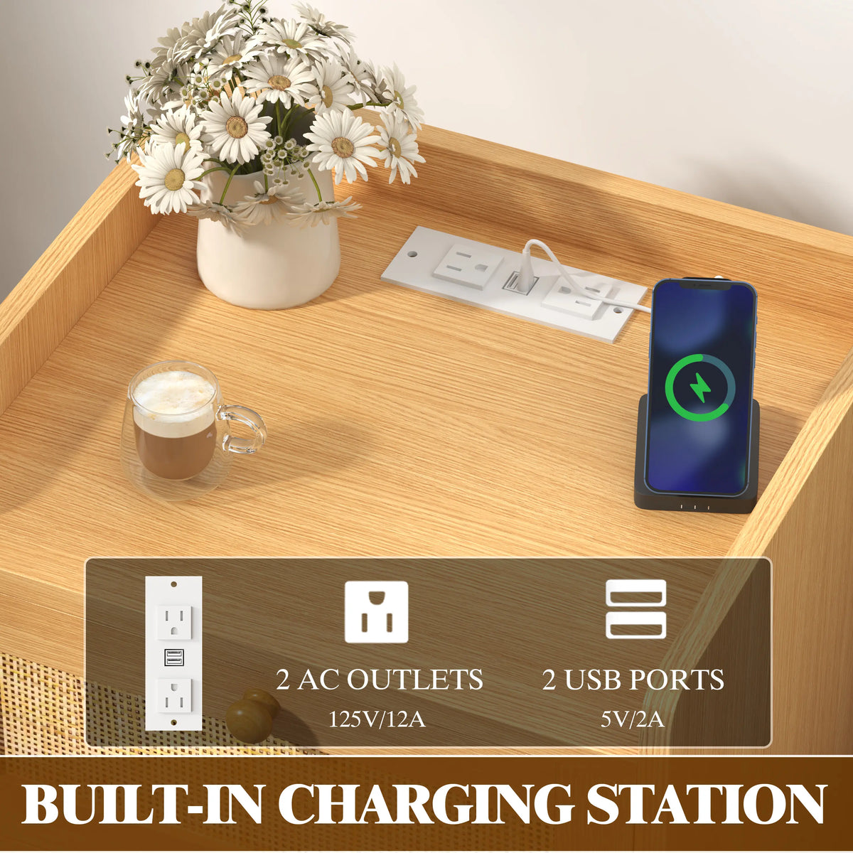 Rattan Nightstand with Charging Station, Rattan Boho End Table with 2 Drawers Bedroom Bedside Side Tables Natural Night Stand for Living Room,Bedroom,Dorm Room Essentials Fathers Day Gift Ideas,Dorm Essentials,Home Decor