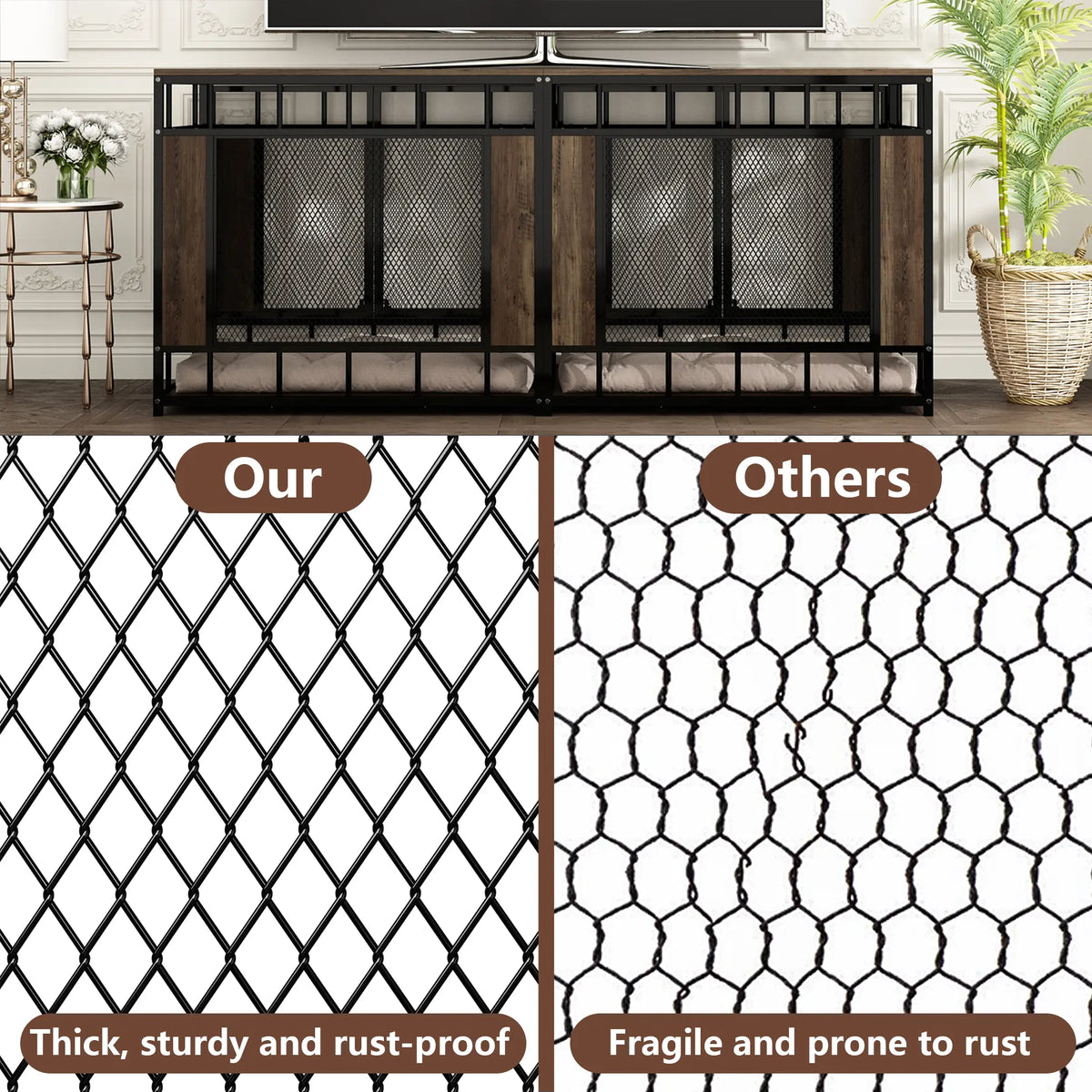 FUFU&amp;GAGA 70.9" Large Double Dog Crate Furniture, Heavy Duty Dog Crate Kennel Furniture for 2-4 Dogs, Wooden Dog Crates Furniture