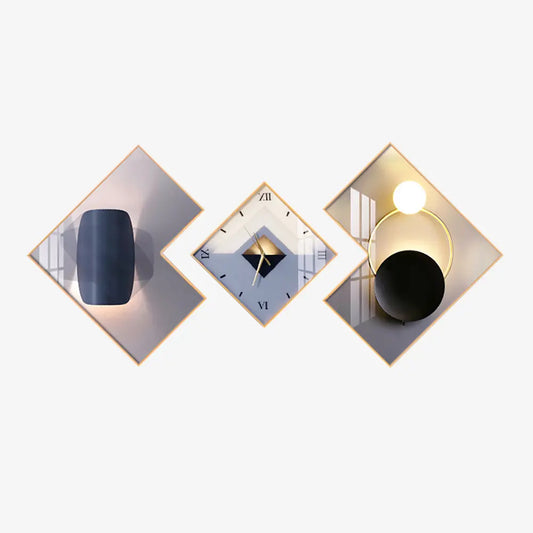 Homary 3-Pcs Square Modern Abstract Silent Aluminium Analog Wall Clock Set - Gold-Frame Canvas Artwork, Decorative Clock, Hanging Home Supplies for Living Room Entryway Decor