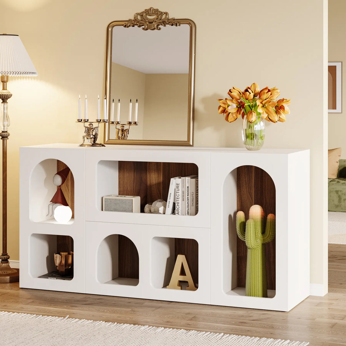 LITTLE TREE 59" White Console Table, Modern Entryway Table, Wooden Storage Organizer Entrance Table with 6 Compartments, Long Sofa Table, behind Couch Table with Storage for Living Room, Hallway, Foyer Arched Shelf