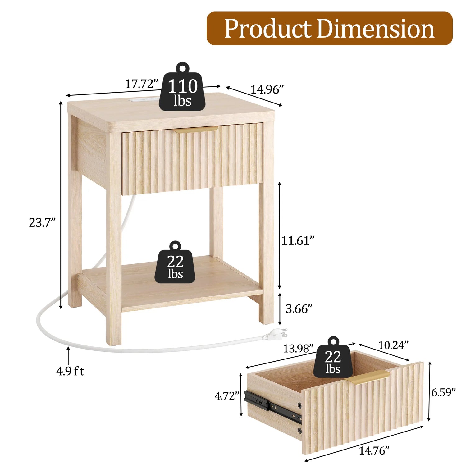 Aowos Fluted Nightstand, Bedside Tables with Charging Station, Boho Side Tables with Drawer &amp; Open Compartment for Bedroom Wooden Tabletop, Bedside Cabinet with USB Ports, Nightstand with Storage, Apartment Nightstand, Kids Bedside Table Tiktokshopspringg
