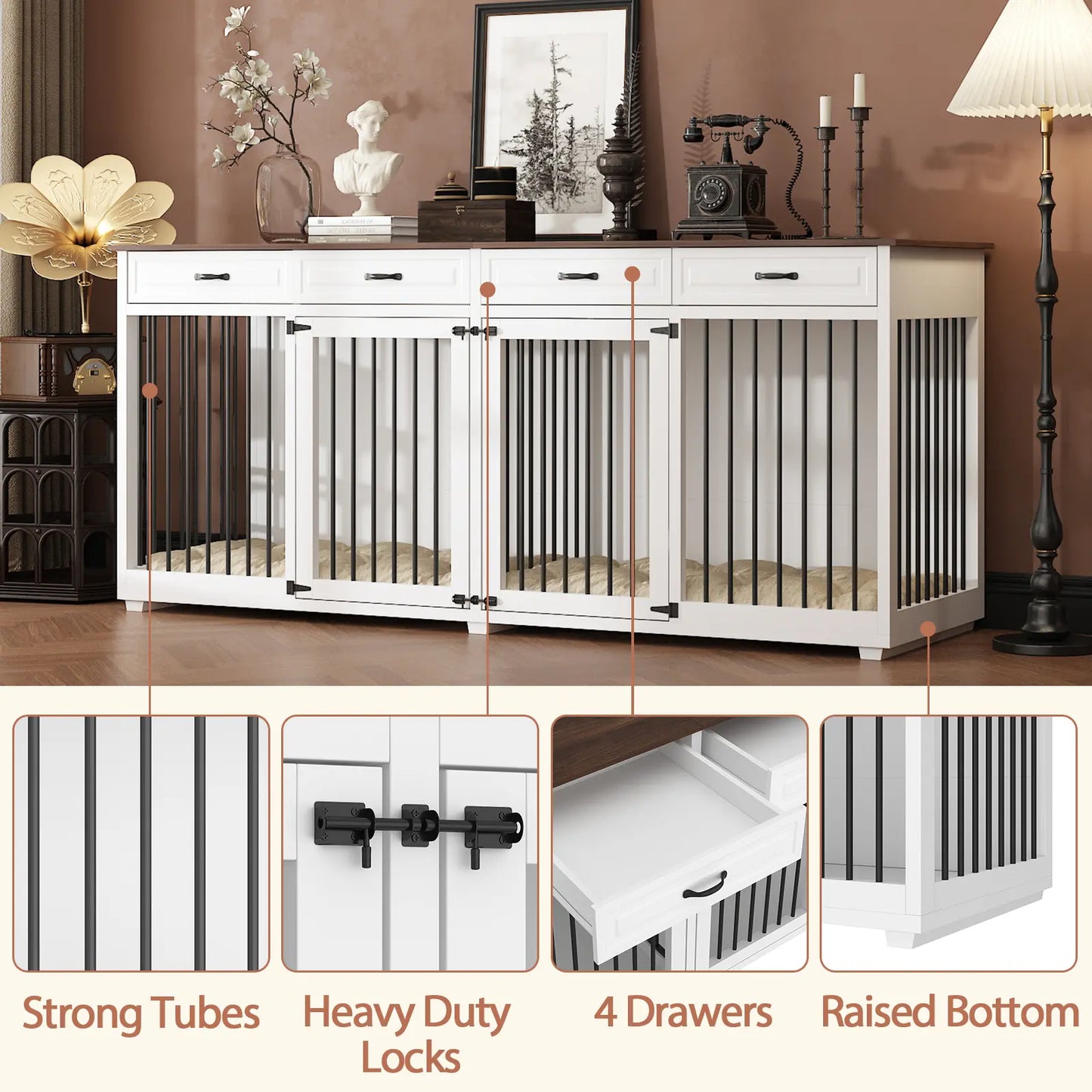 FUFU&GAGA Large Dog Crate Furniture, 86.6" Wooden Dog Crate Kennel with Drawers and Divider, Heavy Duty Dog Crates Cage Furniture